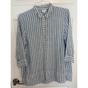 J.Jill Love Linen Striped Button-Up Tunic Shirt Women’s Medium Blue White